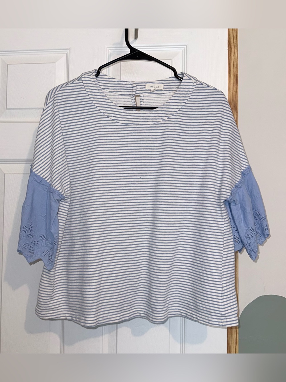 Striped Tee with Lace Sleeve Detail - Blue/White